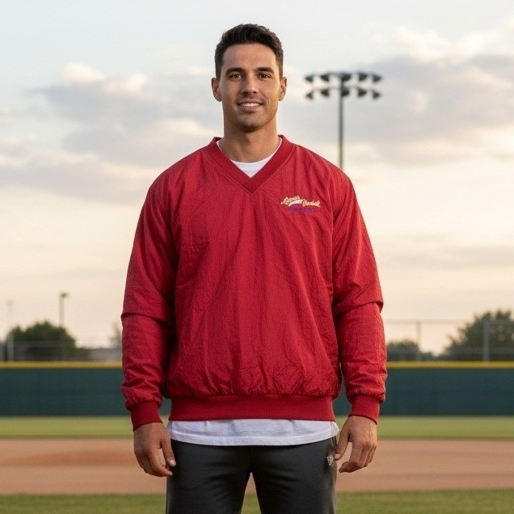 Port Authority Jacket Mens Sz L Legends Baseball Pullover V-Neck Nylon Red Retro